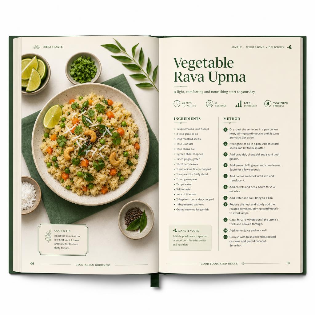 Sample eBook spread showing a vegetable rava upma recipe