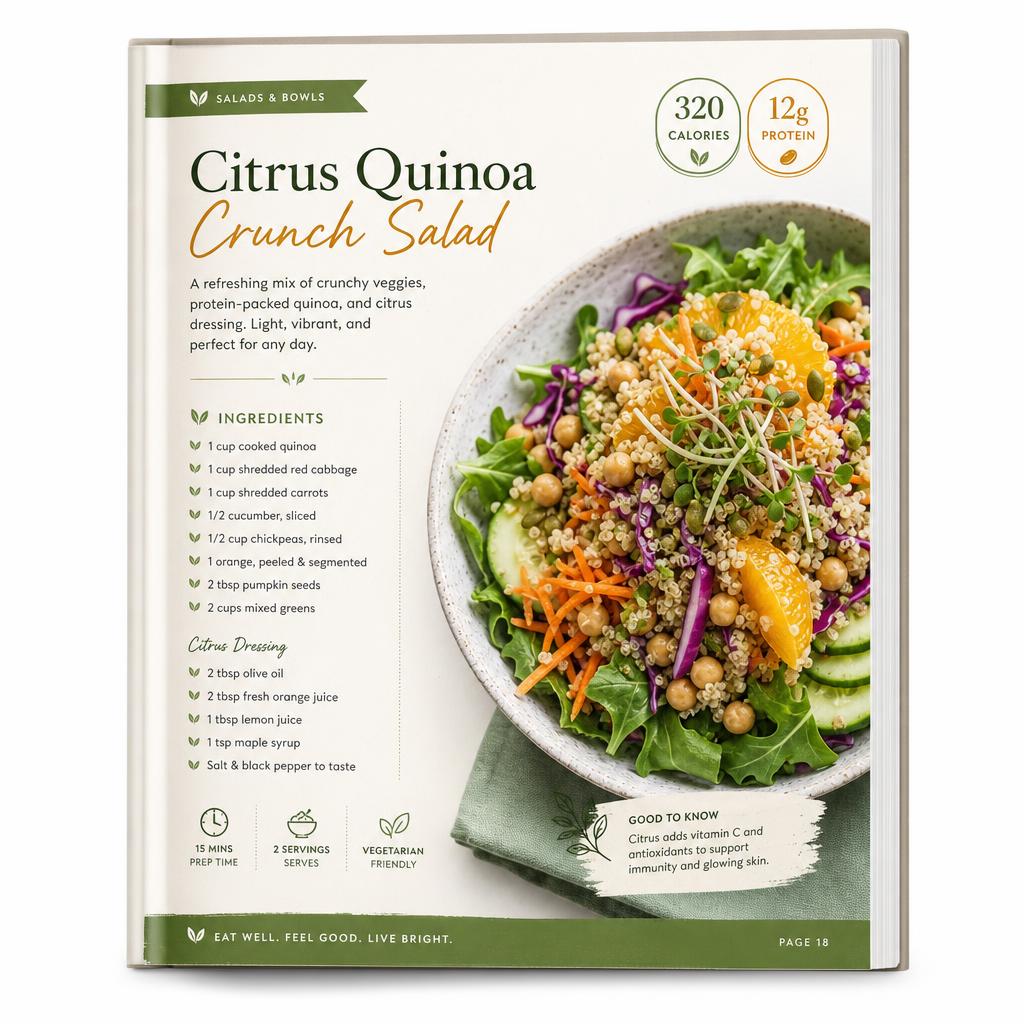 Sample eBook page showing a citrus quinoa crunch salad recipe