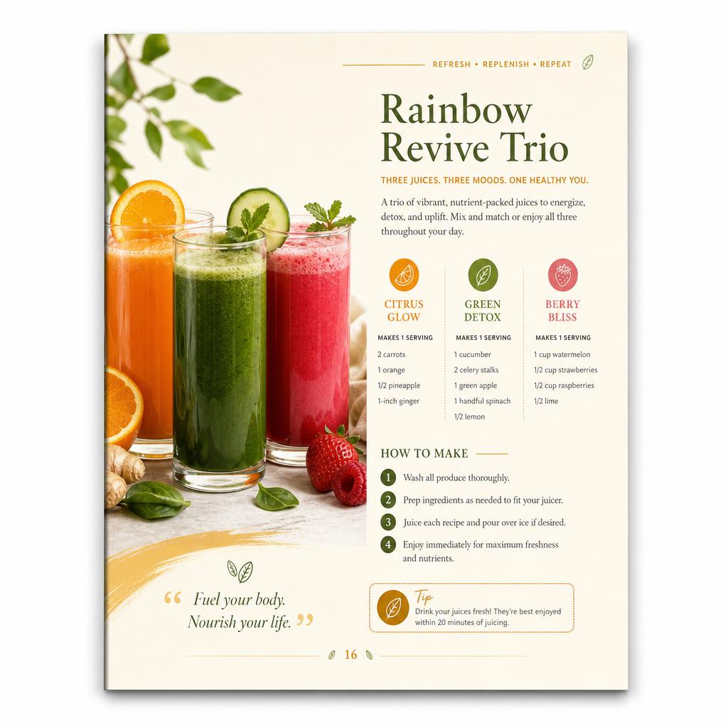 Sample eBook page showing three fresh juice recipes